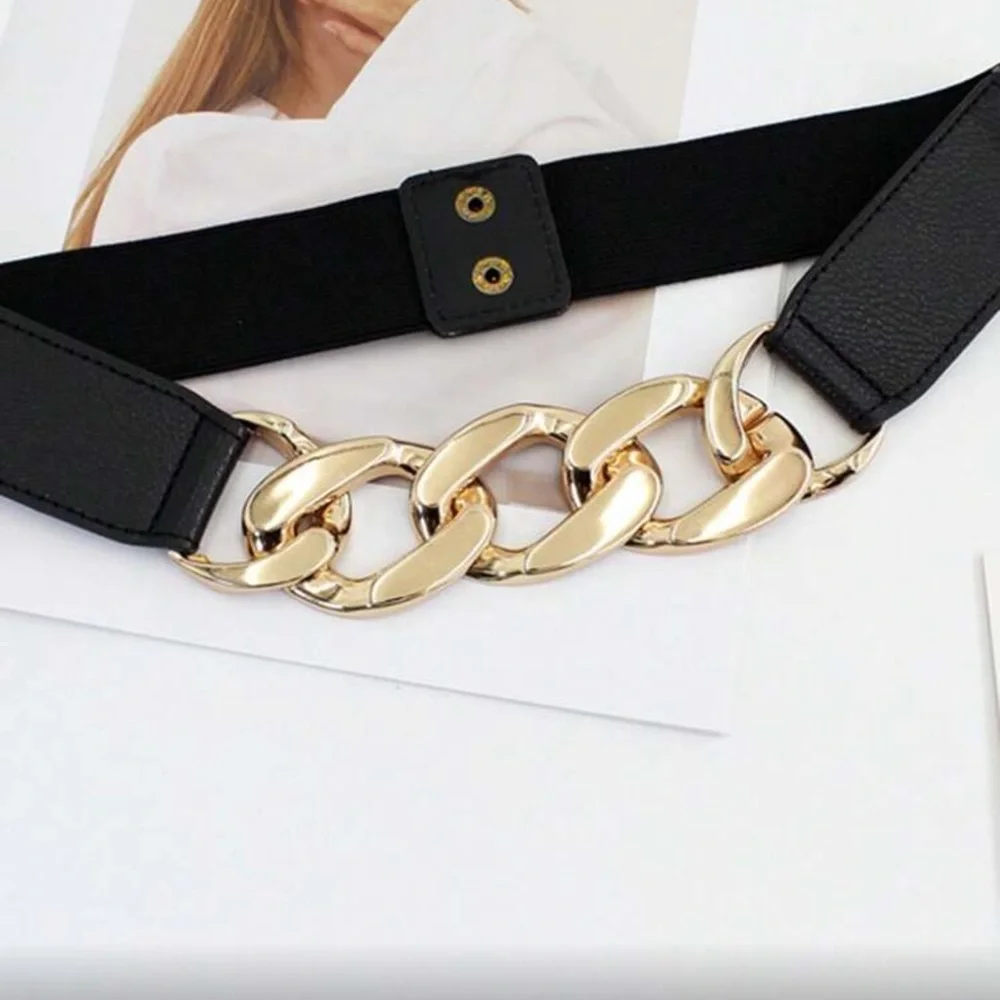Luxe Black and Gold Vegan Leather Chain Snap Button Belt